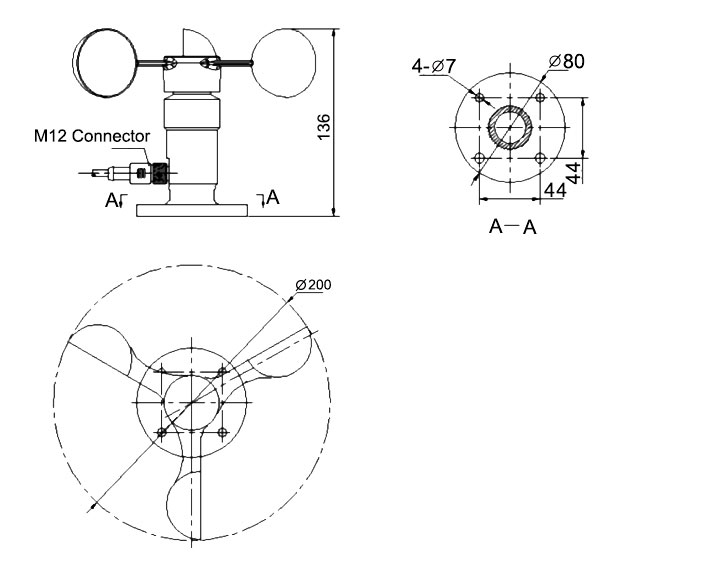 Dimension diagram of 3-Cup Anemometer, 0~30 m/s Wind Speed, RS 485 Output